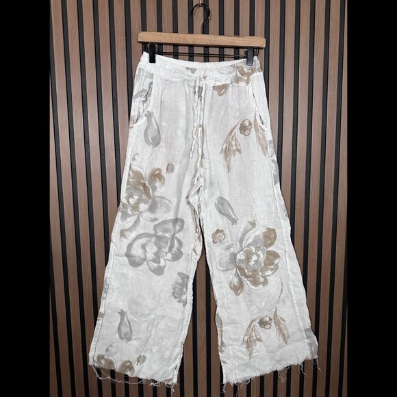 Venti6 Pants Small Womens White Floral Pull On Drawstring Frayed Flowy Relax Fit - Picture 1 of 8